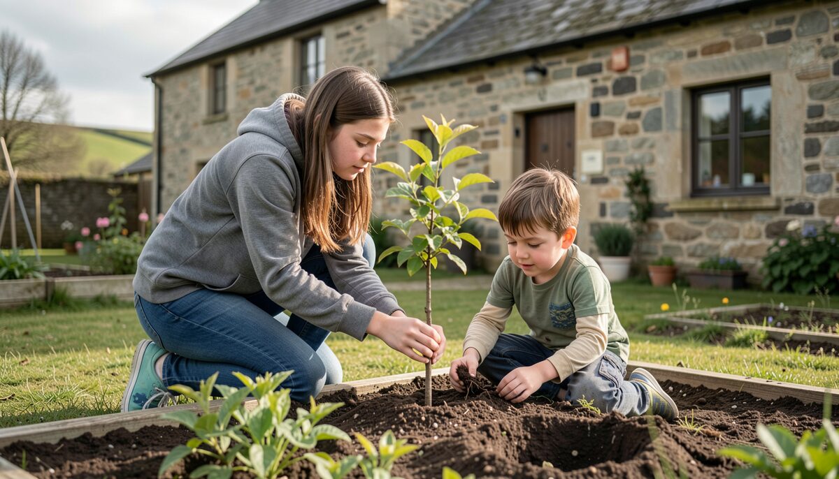 A teenage girl helping a younger boy plant a small tree in a garden plot beside a stone farmhouse.