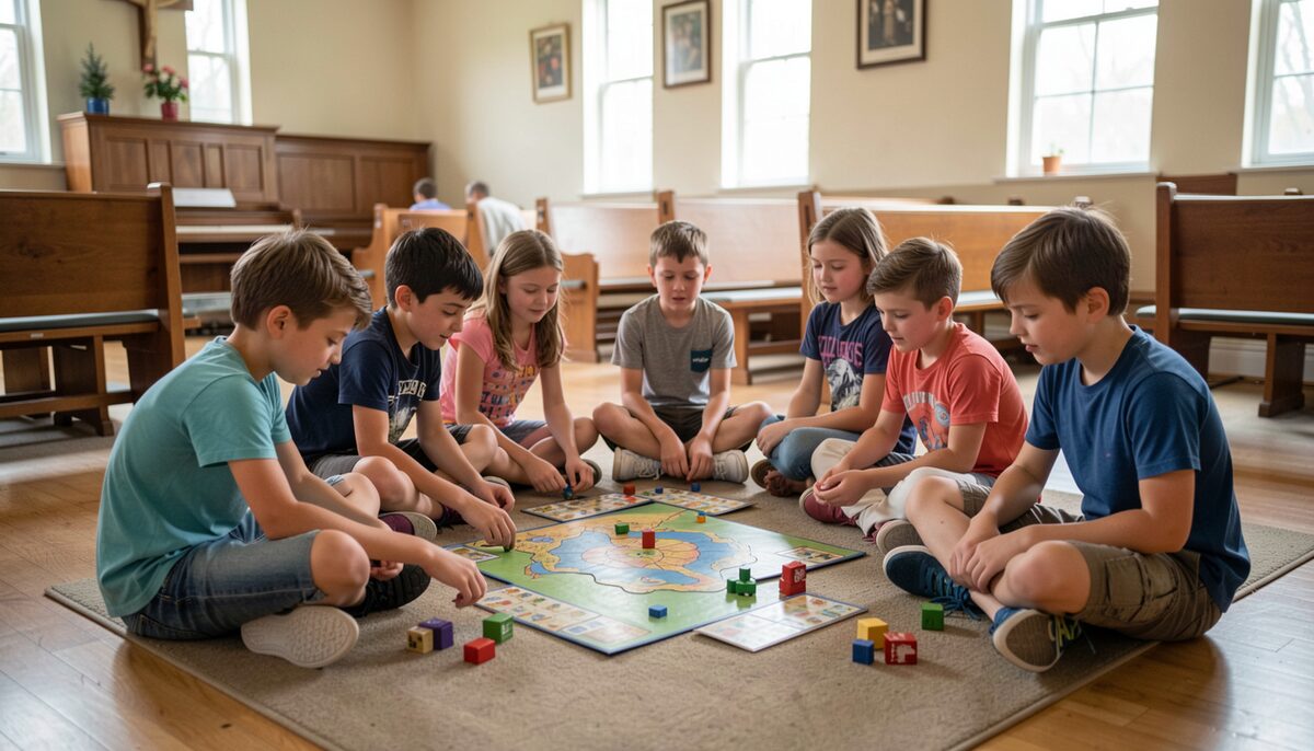 A group of children aged eight to twelve sitting in a circle on the floor of a parish hall playing a cooperative board game.
