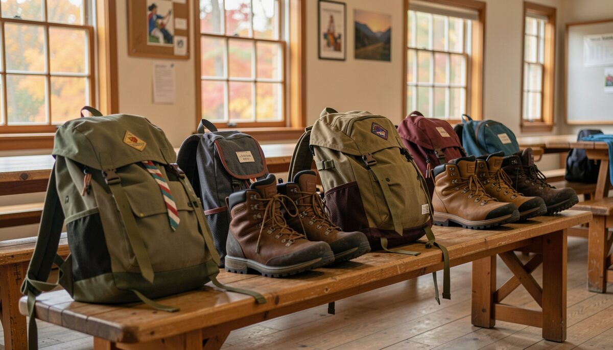 Backpacks and hiking boots lined up on a wooden bench in a scout meeting room with autumn light through windows.