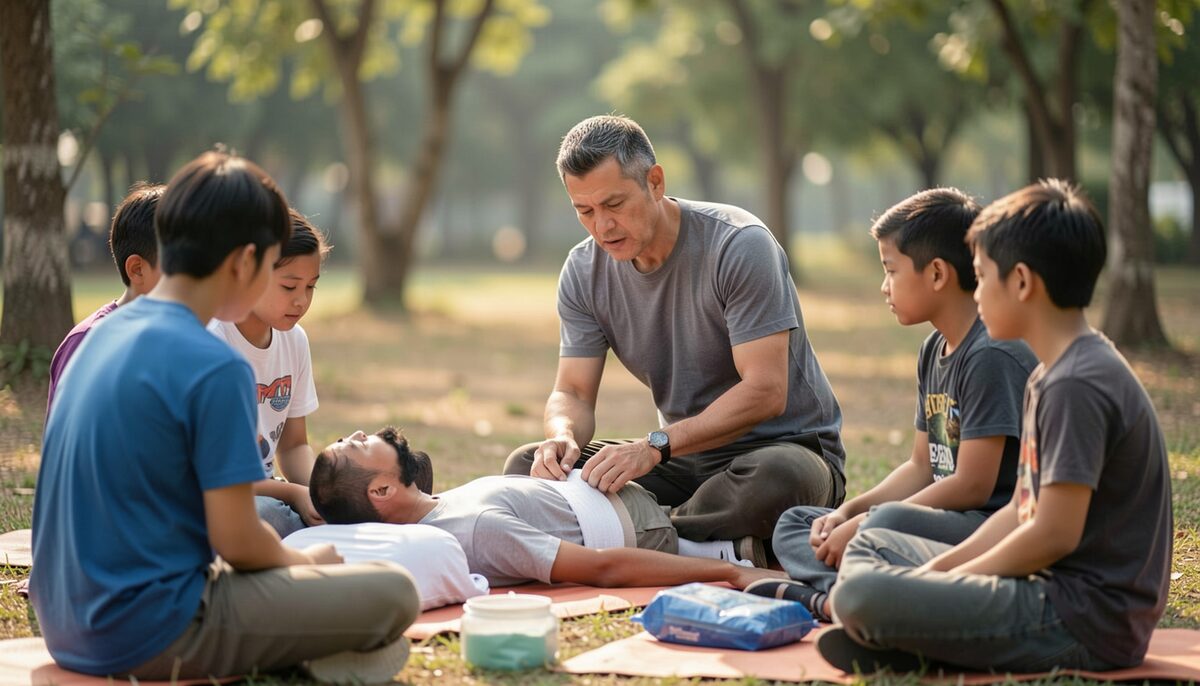 An experienced trainer demonstrating first aid bandaging to a group of seated young trainees outdoors.