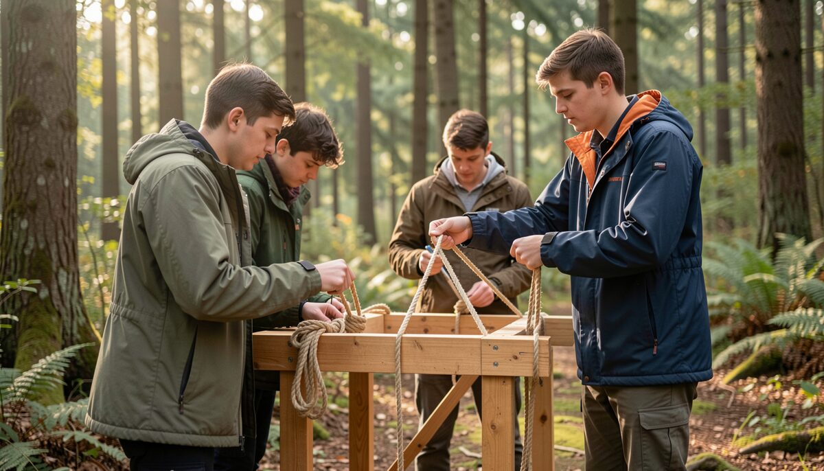 Young adults in outdoor jackets attending a practical workshop building a wooden structure with ropes in a forest.