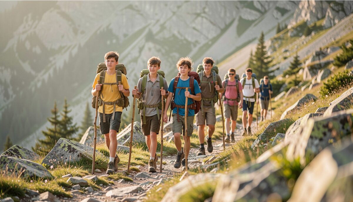 A group of young hikers with canvas backpacks and wooden staffs walking along a rocky mountain trail in morning light.