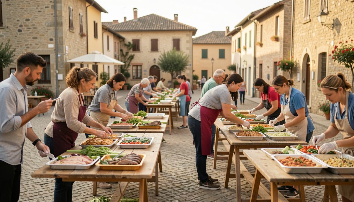 Parents and volunteers setting up wooden tables with food trays for a community celebration in a village square.