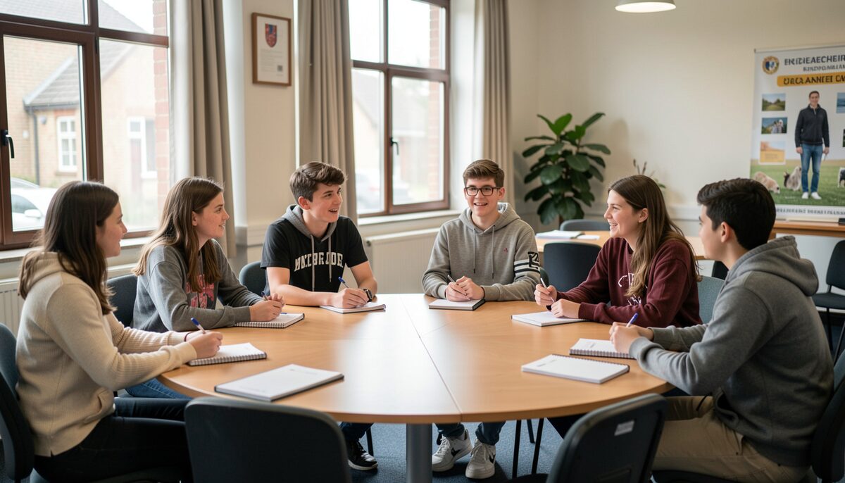 Representatives from several youth groups talking around a round table with notebooks in a civic centre meeting room.