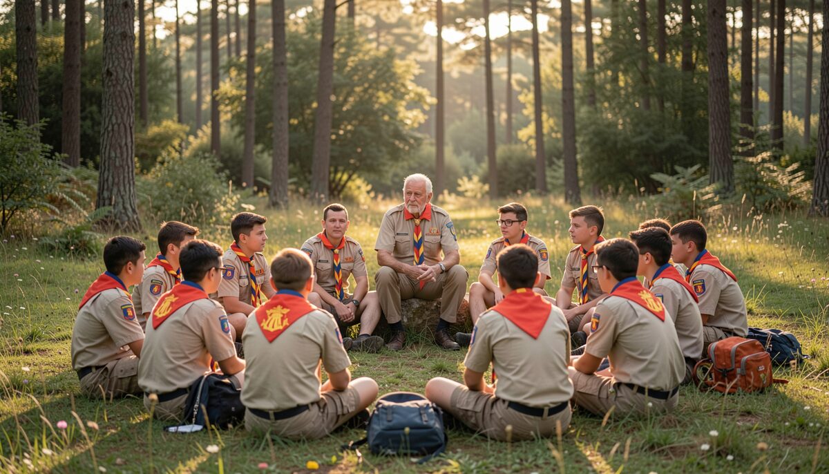 A group of Catalan scouts in uniform sitting in a circle listening to an older leader in a forest meadow in late afternoon.
