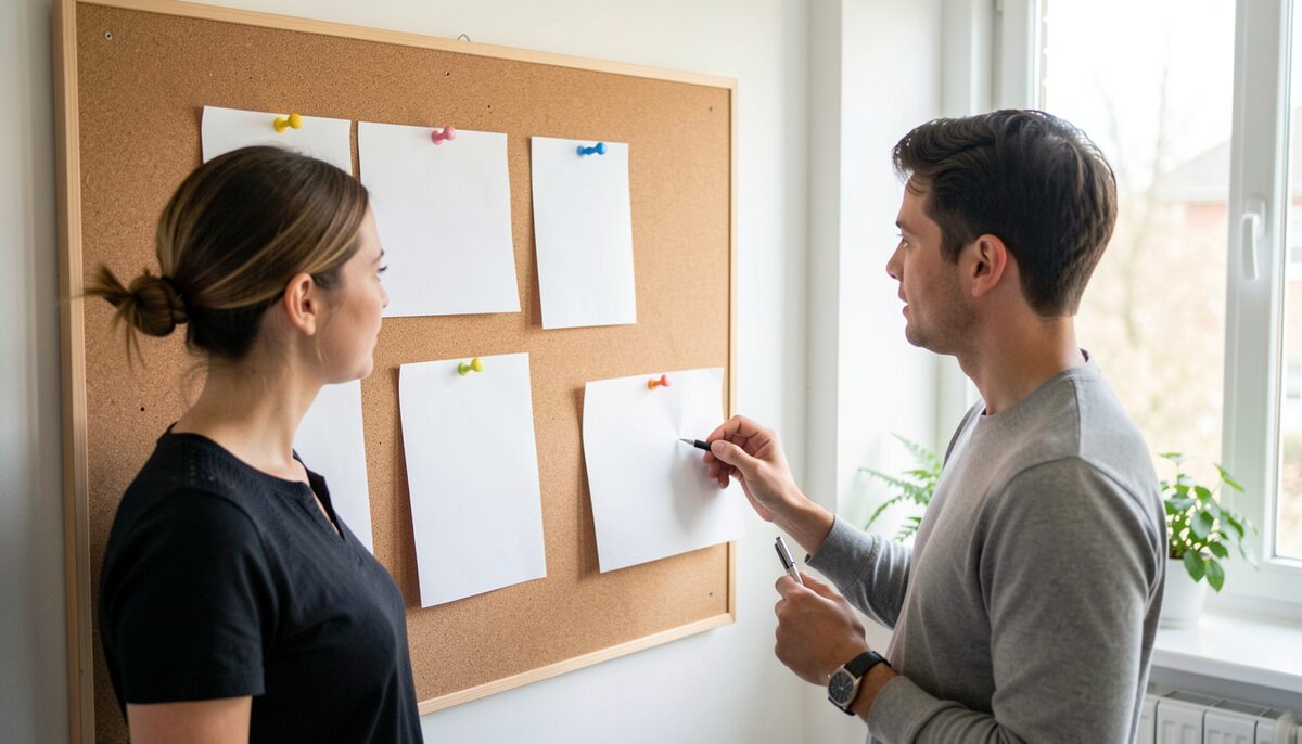 Two coordinators discussing blank paper sheets pinned to a corkboard in a small bright office.