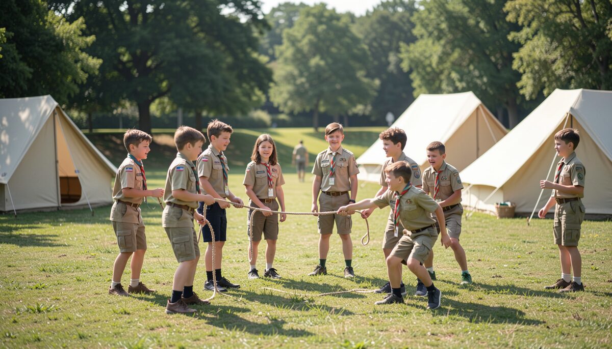 Children and teenage scouts playing a team game with a rope on a grassy field near tents on a sunny morning.